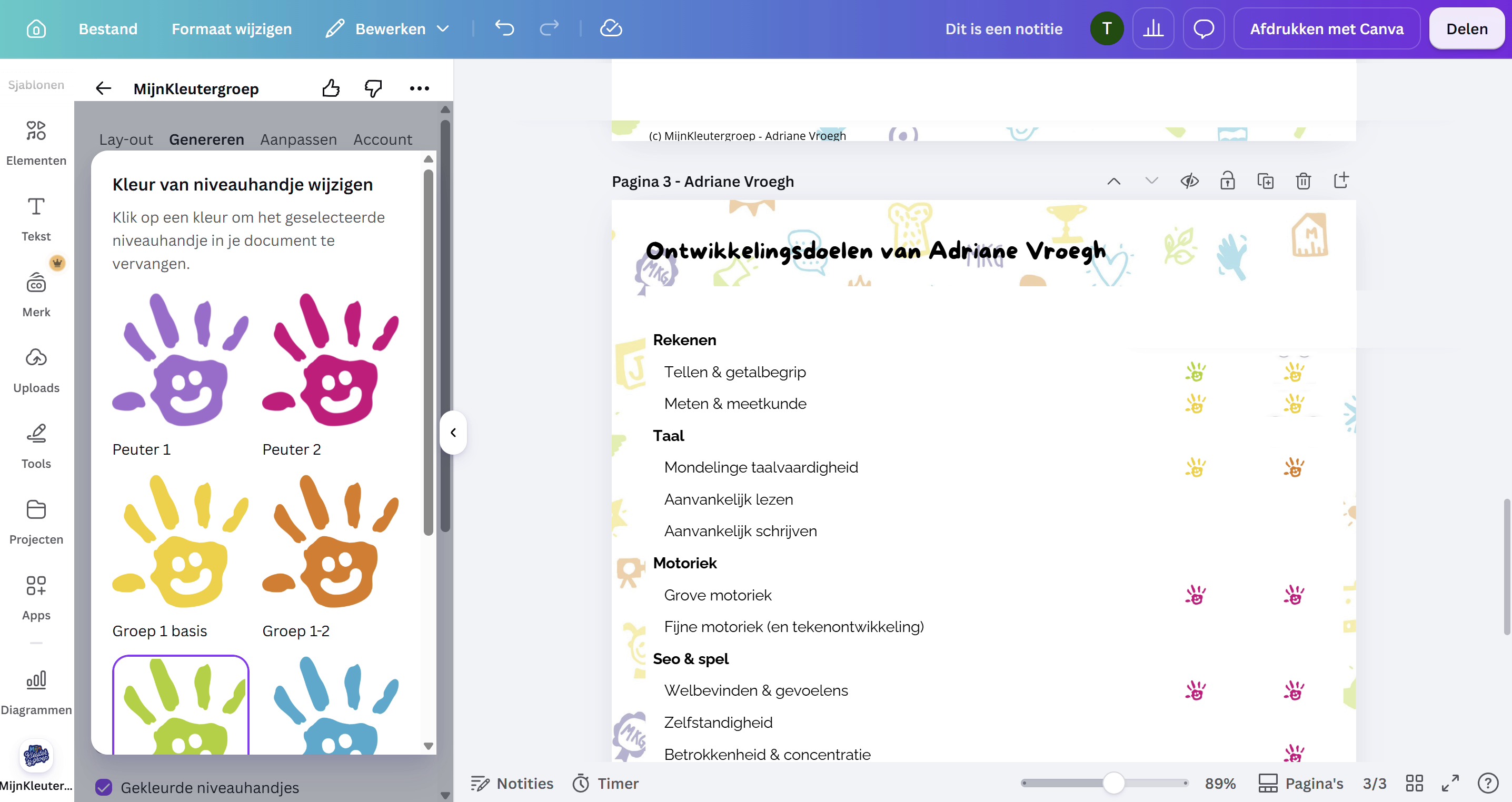 Canva: het paneel met de gekleurde niveauhandjes