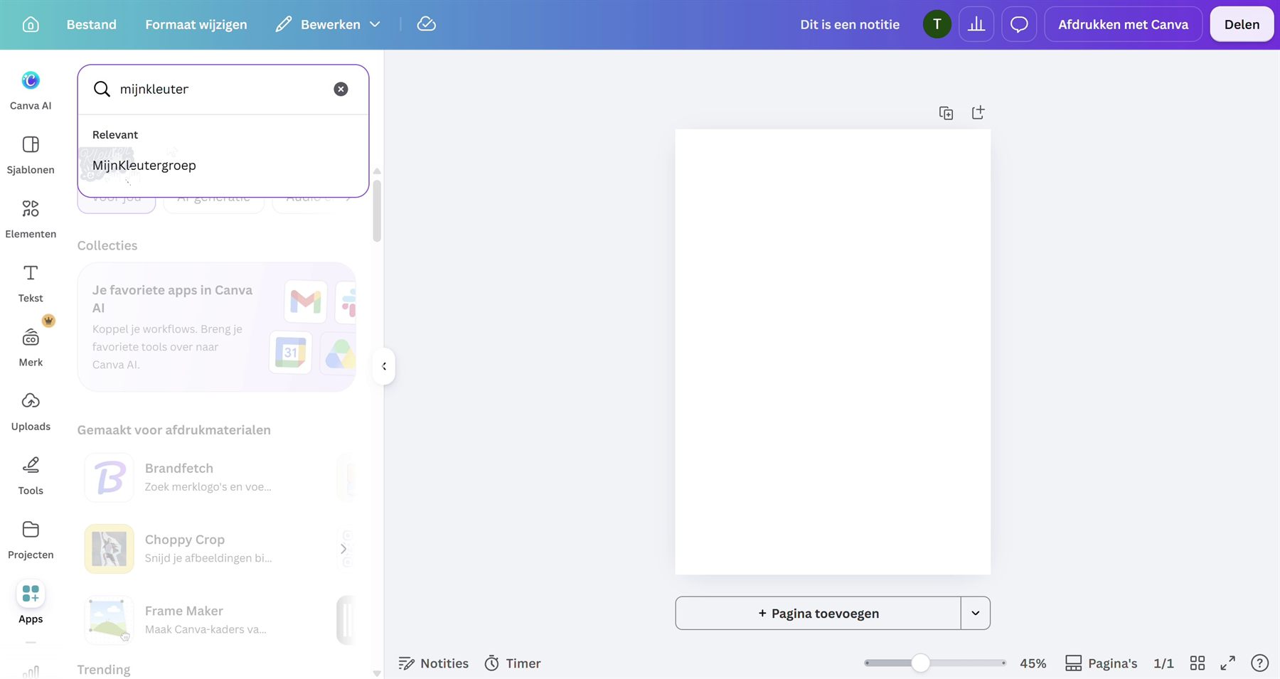 Canva: zoeken naar de MijnKleutergroep-app